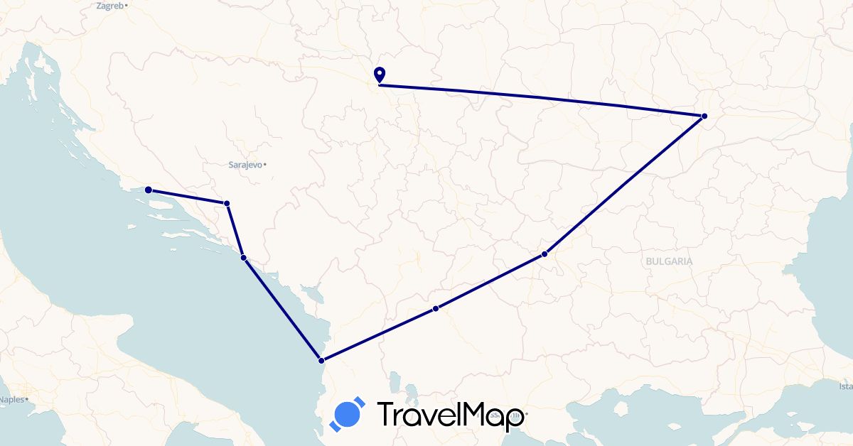 TravelMap itinerary: driving in Albania, Bosnia and Herzegovina, Bulgaria, Croatia, Macedonia, Romania, Serbia (Europe)